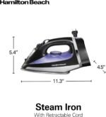 Hamilton Beach Steam Iron for Clothes & Garment Steamer with Smooth Press Stainless Steel Soleplate, 1200 Watts, 8’ Retractable Cord, Black (14214) - Image 9