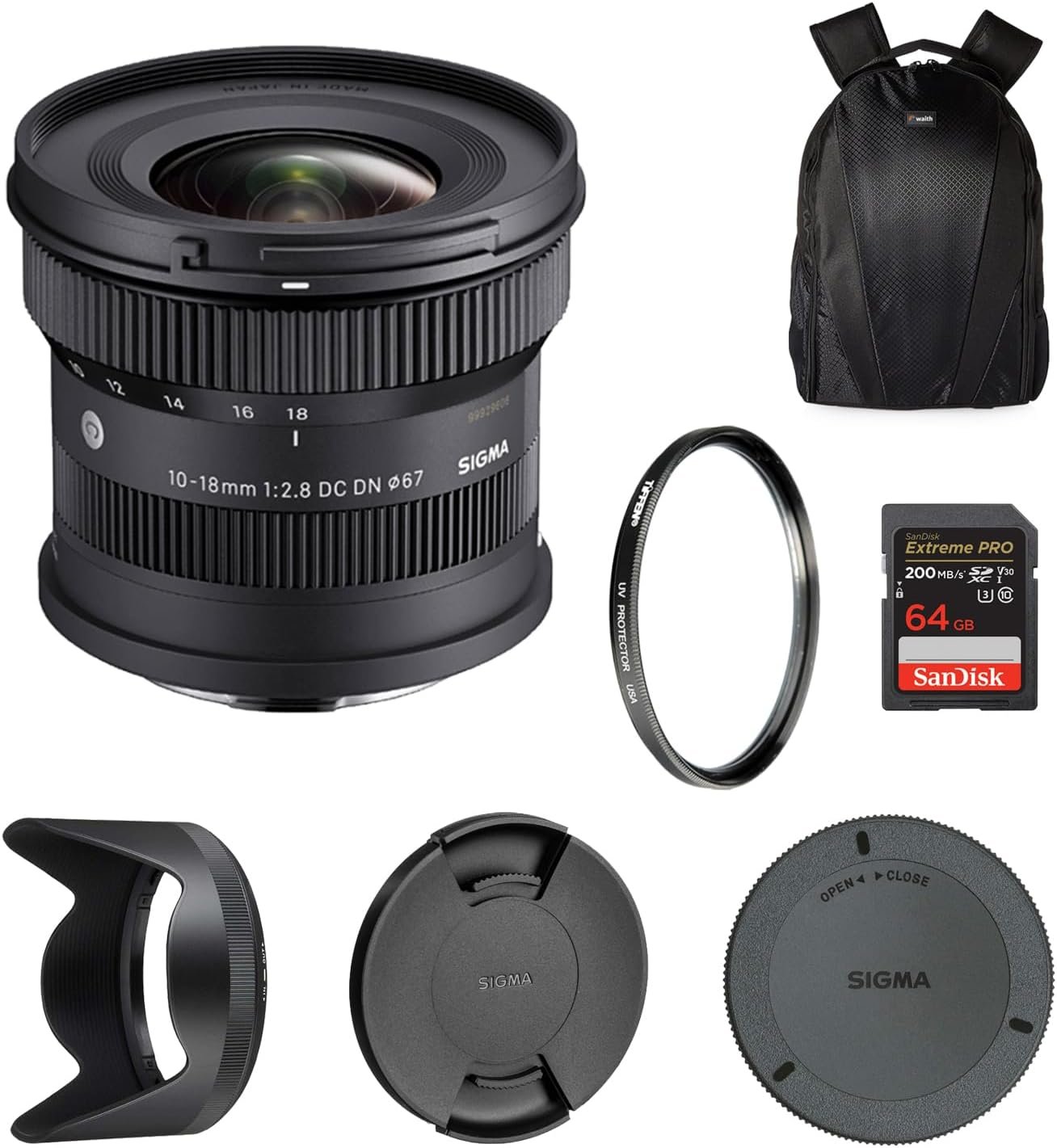 Sigma 10-18mm F2.8 DC DN Contemporary Lens for Sony E | Ultra Wide-Angle Zoom with Tiffen 67mm UV Protector Filter, Waith Camera Backpack and 64GB Extreme PRO UHS-I SDXC Memory Card (Bundle Set) - Image 2