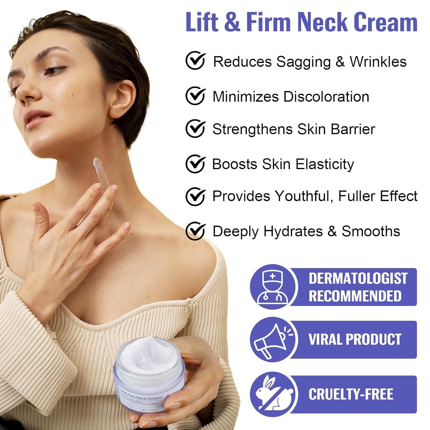 Neck Creams for Tightening and Firming-Instant Face Lift Cream with Hyaluronic Acid & Vitamin E for Wrinkle Reduction and Face-Deeply Hydrates Suitable for Neck, All Skin Types, 1.7fl oz - Image 5