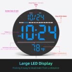 Digital Wall Clock with Large LED Display, Date, Temperature, Auto-Brightness | Small [PLUG-IN] Clock | Modern Electric Wall Clock for Bedroom, Classroom, Living Room, Home, Office, Farmhouse - Blue - Image 4