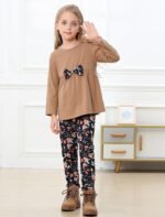 Yekaty Girls Clothing Set 2 Pcs Floral Soft Crewneck Long Sleeve Top+Leggings Loose Outfits With Bowknot - Image 3