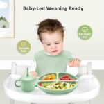 Silicone Baby Feeding Set, Baby Led Weaning Supplies, Eating Essentials Utensils with Suction Plate and Bowl, Pocket Bib, Sippy Cup with Lid, Forks Spoons Snack Container, for 6+ Months, Green - Image 3