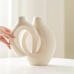 Snuggle Hollow Ceramic Vase Set of 2, Nordic Modern Boho ins Style Decorative Ceramic Aesthetic Flower Vase for Home Decor (Milky White W 6.3" X H 8.4") - Image 3