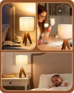 EDISHINE Tripod Table Lamp, Small Cute Bedside Lamp with Linen Beige Lampshade, Nightstand Lamp for Nursery, Bedroom, Kid Room, Living Room, Light Brown Wooden Base, E26 Socket, 14.2 Inch - Image 3