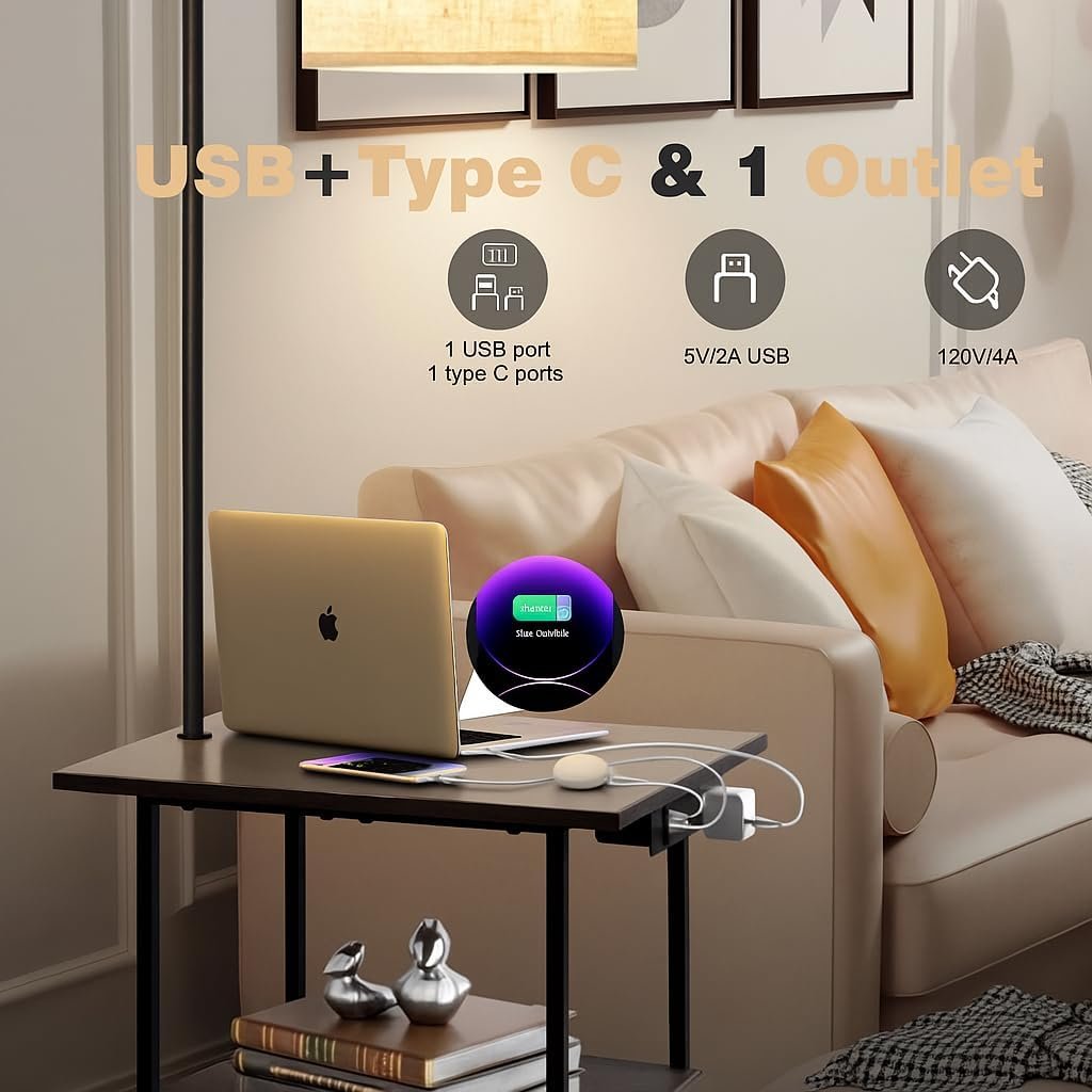 PESRAE Floor Lamp with Table, End Tables with Charging Station(USB & Type-C & AC Port), 3 Color Temperatures 9W LED Bulb, Modern Shelves Side Table for Bedroom, Living Room - Image 3