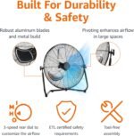 Amazon Basics 20" High Velocity Industrial Fan, Floor Fan, with 3 Speeds, Tilt Head, ETL-Listed Safety Compliance, Metal Housing/Blades, Ideal for Industrial/Commercial Space/Garage/Gym, 125W, Black - Image 3
