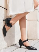 Coutgo Womens Low Kitten Heels Dressy Shoes Comfortable Closed Toe Flower Slip on Formal Party Dance Heeled Pumps - Image 3