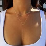 Foxgirl Lariat Gold Necklace for Women, Dainty Long Necklace 14k Gold Plated/Silver Y-Shaped Pendant Necklace Trendy Layered Cz Beaded Chain Drop Necklaces Simple Gold Jewelry For Women Gift - Image 3