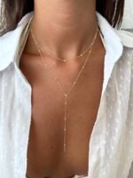 Foxgirl Lariat Gold Necklace for Women, Dainty Long Necklace 14k Gold Plated/Silver Y-Shaped Pendant Necklace Trendy Layered Cz Beaded Chain Drop Necklaces Simple Gold Jewelry For Women Gift - Image 4