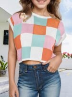 Girls Fall Crop Tops 2025 Cute Cap Sleeve Spring Summer Colorblock Loose Kids Knit Winter Sweaters Top - Image 3