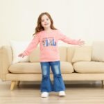 Toddler Girl Clothes Long Sleeve Cartoon & Letter Graphic Top + Fruit Stationery Print Flared Leg Pants - Image 4