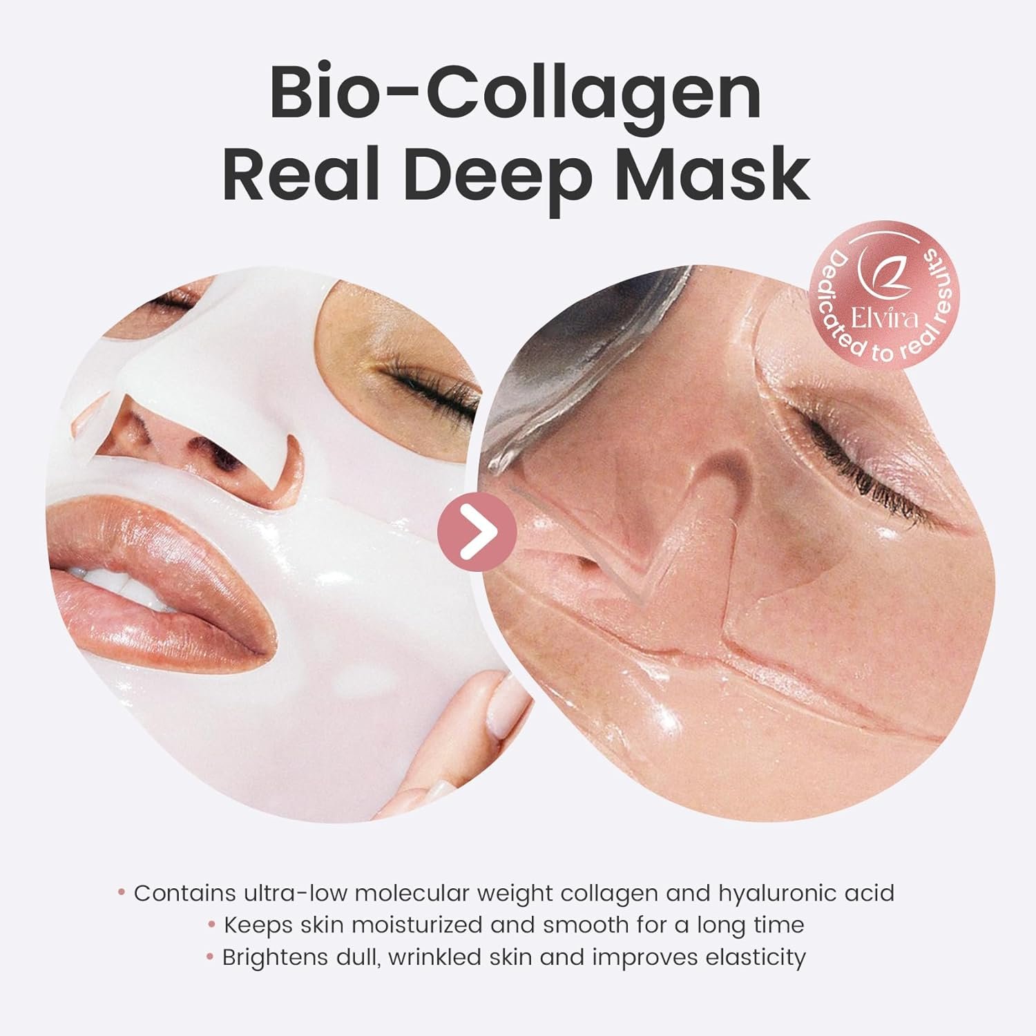 Elvira Bio-Collagen Real Deep Mask, Overnight Hydrating Face Mask with Hyaluronic Acid, Korean Skincare Face Mask for Moisturizing and Firming, Face Masks Sheet for All Skin Types, 4 Pack - Image 5