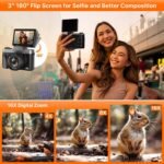 4K Digital Camera for Photography 64MP WiFi Vlogging Camera for YouTube Autofocus 3" 180° Flip Screen 16X Zoom Compact Travel Cameras with Anti-Shake, SD Card, 2 Batteries & Battery Charger - Image 4