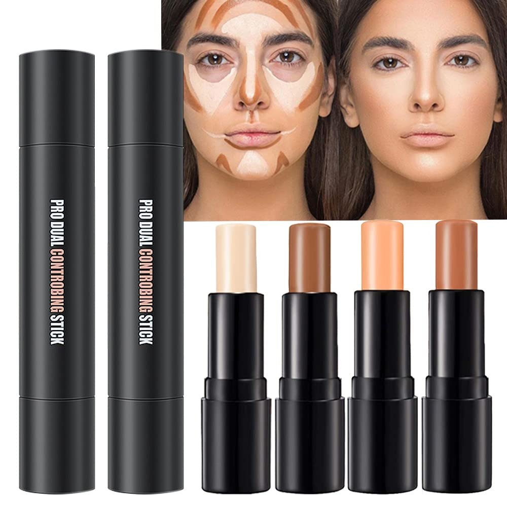 4 Colors Cream Contour Sticks Makeup Kit, Primer Face Highlighter Contouring for Beginners, Highlight and Contour Kit, Cream Concealer Makeup Blur Stick, Primer Face Corrector 1#,3# - Image 2