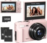 4K Digital Camera for Photography, 64MP Compact Vlogging Camera with WiFi and 3" 180° Flip Screen, 18X Digital Zoom, Ideal for YouTube Creators, Includes 2 Batteries & 32GB Micro SD Card, Pink - Image 2
