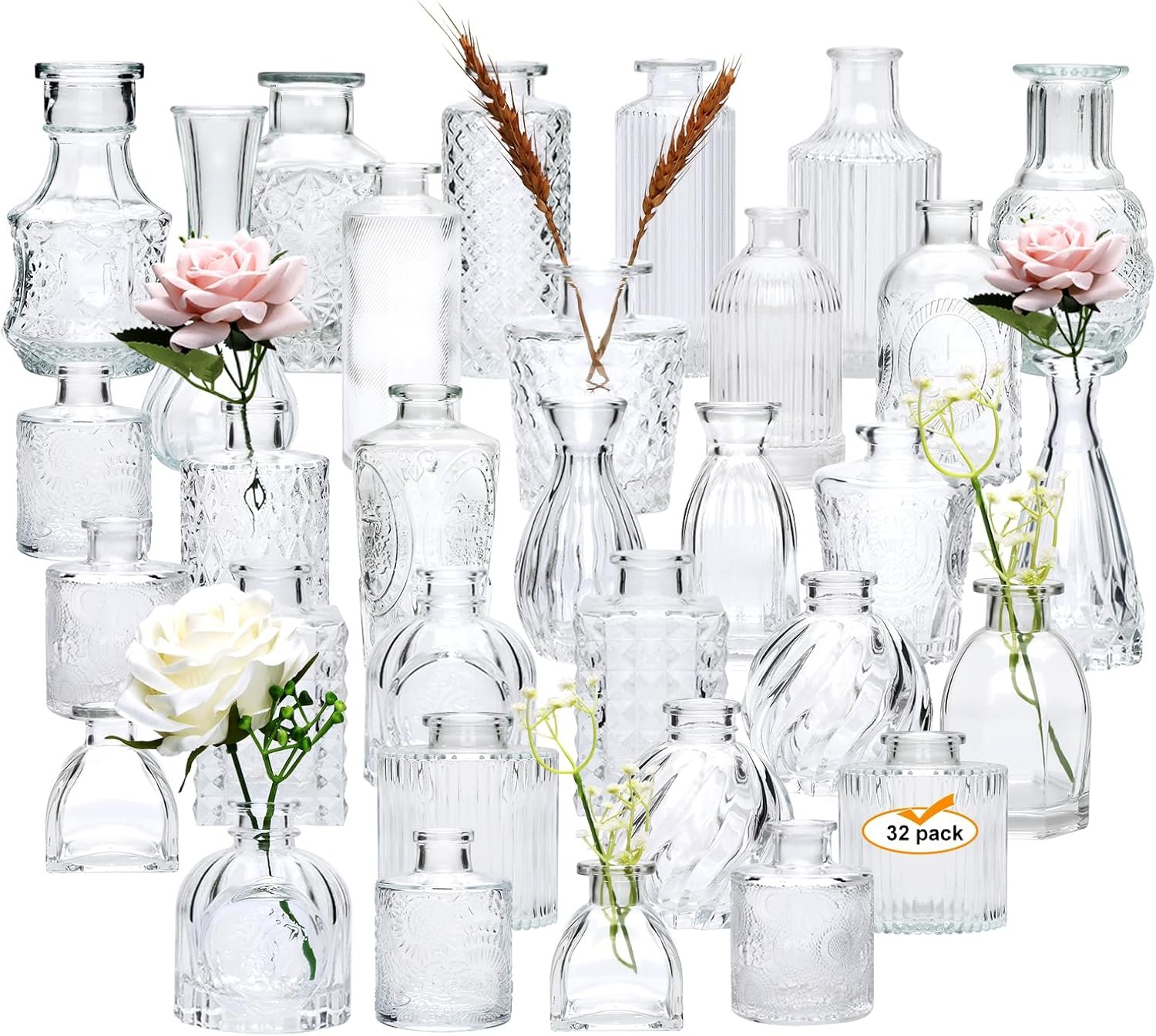 Brajttt Set of 32 Bud Vases for Flowers, Small Vintage Glass Bottles for Rustic Wedding Centerpieces and Home Decor - Image 2