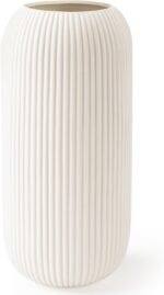 Ceramic Vase for Flowers – Modern Small Ribbed Textured Flower Vase for Home Decor, Pampas Grass, Decorative, Farmhouse, Coffee Table, Kitchen Centerpieces, Bookshelf and Home Living (White) - Image 2