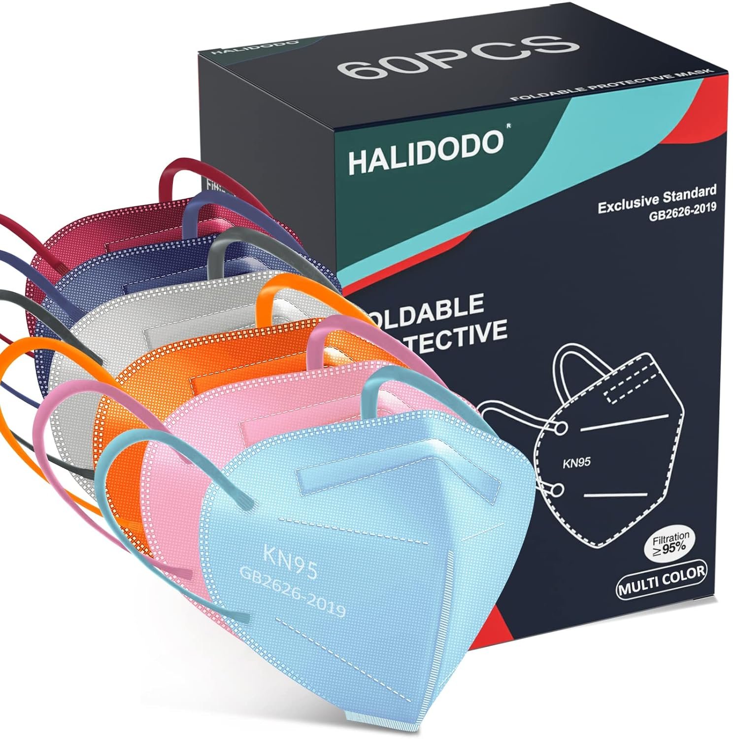 HALIDODO 60 Packs Individually Wrapped KN95 Face Mask 5-Ply Breathable & Comfortable Filter Safety Mask with Elastic Ear loop and Nose Bridge Clip, Protective Face Cover Mask, Multi Color - Image 2