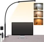 LED Desk Lamp with Clamp, Eye-Caring Clip on Lights for Home Office, 3 Modes 10 Brightness, Long Flexible Gooseneck, Metal, Swing Arm Architect Task Table Lamps with USB Adapter, Black - Image 2