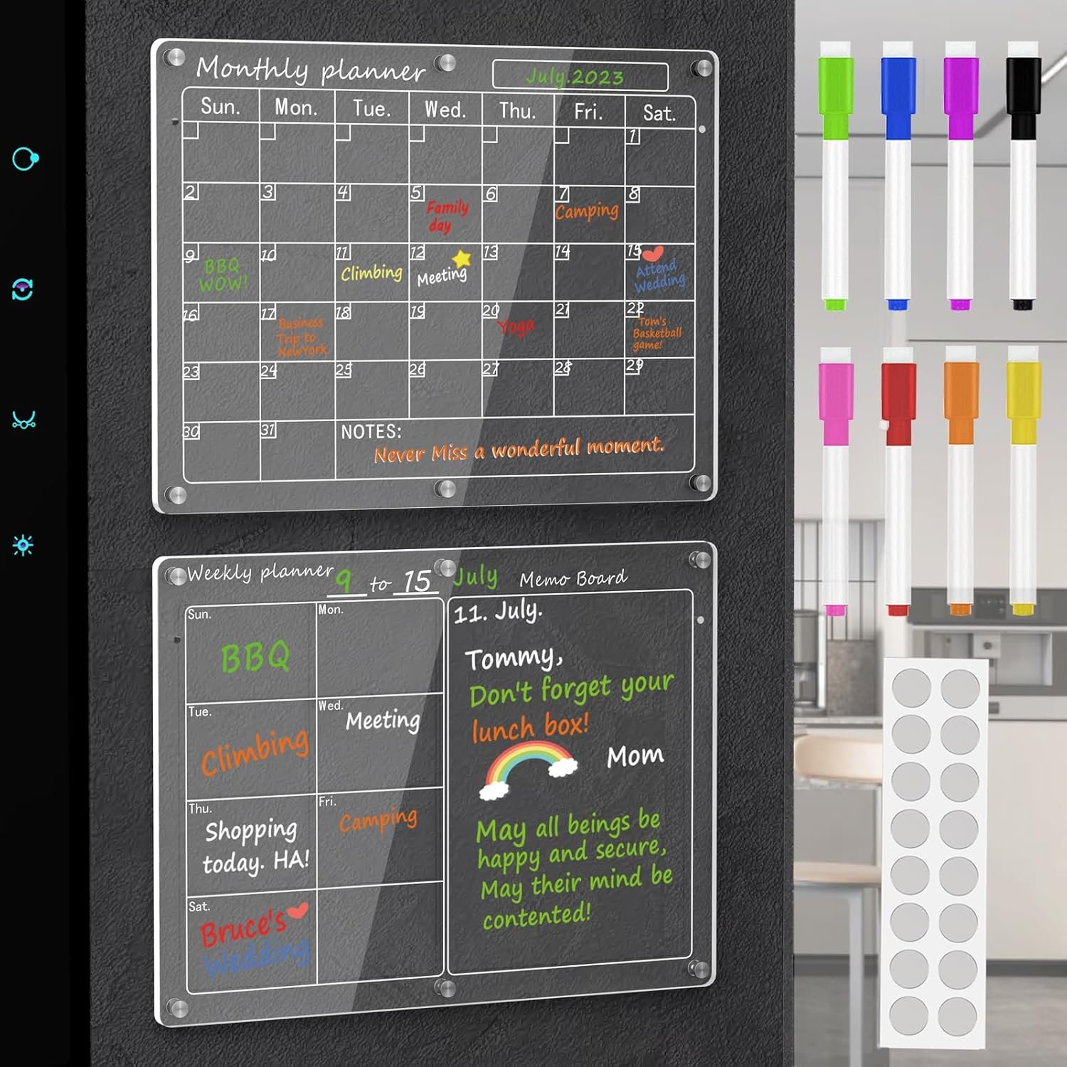 Magnetic Acrylic Calendar for Fridge,2 Pack 11"x15" Clear Fridge Calendar Dry Erase Magnetic Planning Boards Set for Refrigerator with 8 Colorful Highlight Markers - Image 2