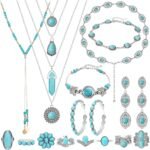 NEWITIN 20 Pieces Silver Bohemian Jewelry Set for Women Fashion Costume Jewels Turquoise Necklace Bracelet Ring Earrings Western Turquoise Jewelry Set for Women - Image 2