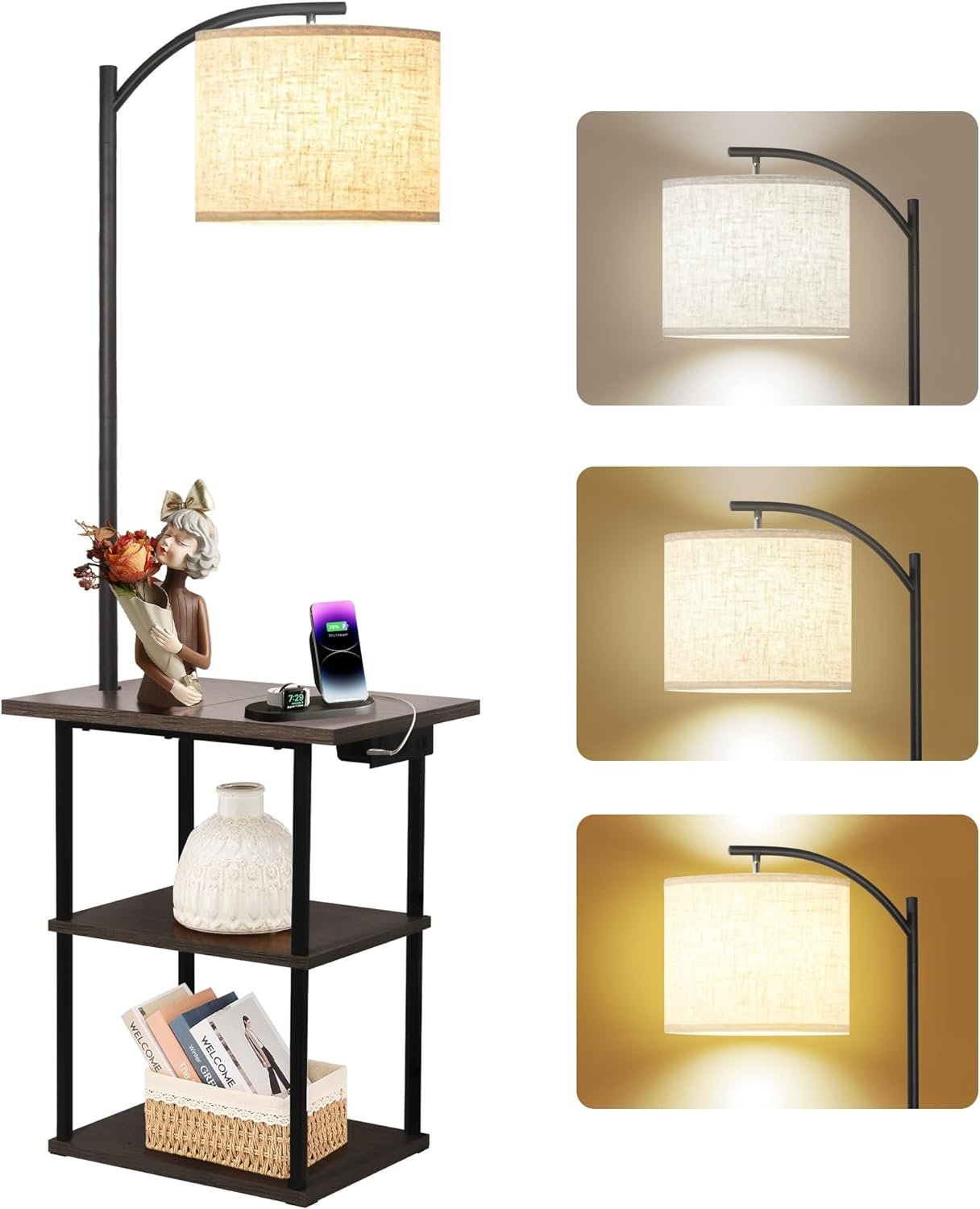 PESRAE Floor Lamp with Table, End Tables with Charging Station(USB & Type-C & AC Port), 3 Color Temperatures 9W LED Bulb, Modern Shelves Side Table for Bedroom, Living Room - Image 2