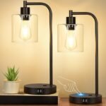 Set of 2 Industrial Touch Control Table Lamps with 2 USB Ports and AC Outlet - 3-Way Dimmable Black Bedside Lamps Nightstand Desk Lamps for Bedroom Living Room, Glass Shade & 2 LED Bulbs Included - Image 2