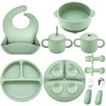 Silicone Baby Feeding Set, Baby Led Weaning Supplies, Eating Essentials Utensils with Suction Plate and Bowl, Pocket Bib, Sippy Cup with Lid, Forks Spoons Snack Container, for 6+ Months, Green - Image 2