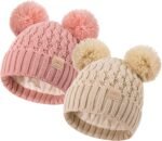 Toddler Winter Beanie Hat, Infant Winter Warm Knit Fleece Lined Cap for Girls Boys with Pom Pom for 0-36 Months 2 Packs - Image 2