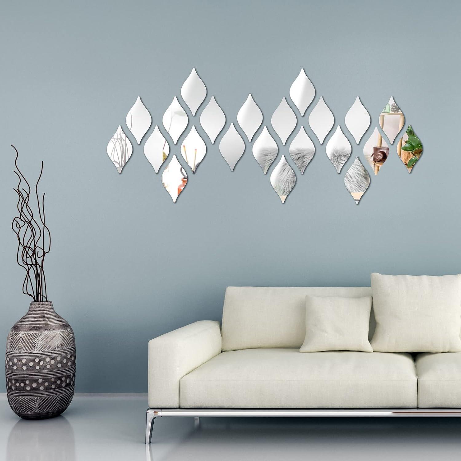 Weysat 30 Pcs Mirror Wall Stickers Decor Acrylic 3D Tear Drop Decorative Mirrors Stickers Removable Wall Art Decals for Home Living Room Bathroom Office Dormitory Decorations, 6 x 3.3 Inch(Silver) - Image 2