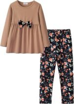 Yekaty Girls Clothing Set 2 Pcs Floral Soft Crewneck Long Sleeve Top+Leggings Loose Outfits With Bowknot - Image 2