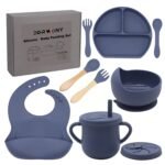 100% Silicone Baby Feeding Set, BPA Free Baby Dishes with Suction Bowl, Divided Plate, Toddler Self Feeding Dish Set with Spoons, Forks, Sippy Cup and Bib, Baby Eating Utensils (Navy Blue) - Image 2