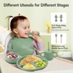 Silicone Baby Feeding Set, BPA Free Baby Feeding Essentials, Baby Suction Bowl, Plates, Bib, Spoons set, Baby Led Weaning Supplies to Develop Self-feeding Skills(Green, No Lid) - Image 4