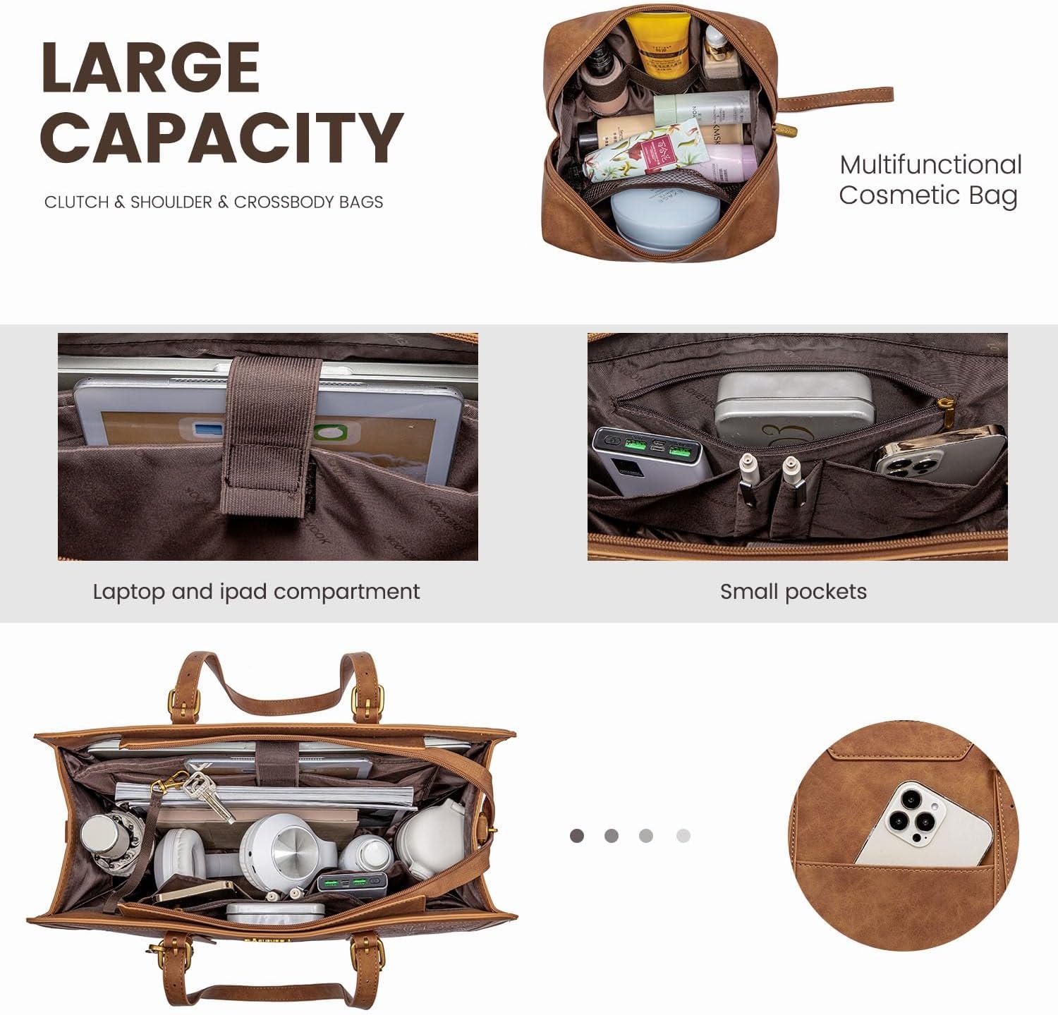 LOVEVOOK Laptop Bag for Women Vintage Leather Work Tote 15.6 inch Large Capacity Computer bag with Clutch Purse for Office, Travel, Casual - Image 4