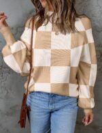 ZESICA Women's 2025 Fall Fashion Turtleneck Long Sleeve Striped Ribbed Knit Loose Pullover Sweater Tops - Image 3