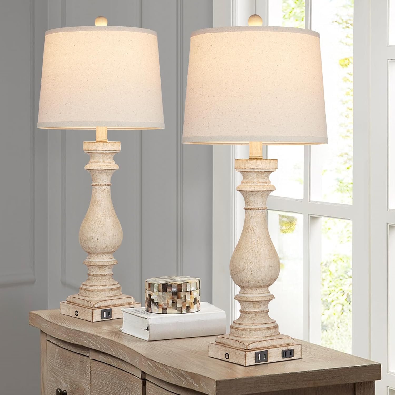 29" Tall Table Lamp for Living Room Set of 2,Vintage Bedside Nightstand Lamps with USB C+A Ports & AC Outlet,3-Way Dimmable Touch Control Desk Lamp for Bedroom,Color 1 - Image 4