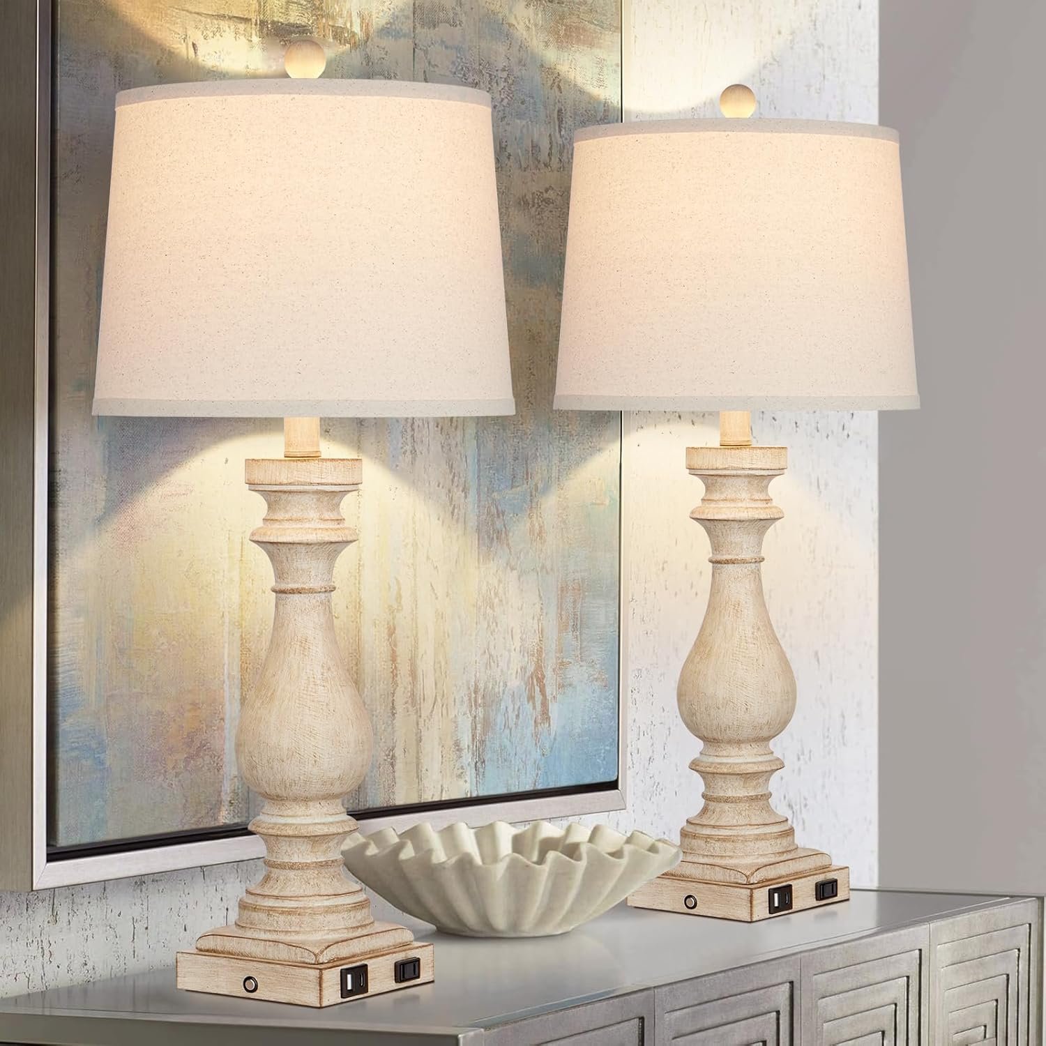 29" Tall Table Lamp for Living Room Set of 2,Vintage Bedside Nightstand Lamps with USB C+A Ports & AC Outlet,3-Way Dimmable Touch Control Desk Lamp for Bedroom,Color 1 - Image 5