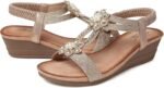 SHIBEVER Womens Wedge Sandals Flower Low Heel Dressy Sandals Elastic Ankle Strap Rhinestone Summer Comfortable Shoe - Image 4