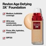 Revlon Liquid Foundation, Age Defying 3XFace Makeup, Anti-Aging and Firming Formula, SPF 20, Longwear Medium Buildable Coverage with Natural Finish, 010 Bare Buff, 1 Fl Oz - Image 3