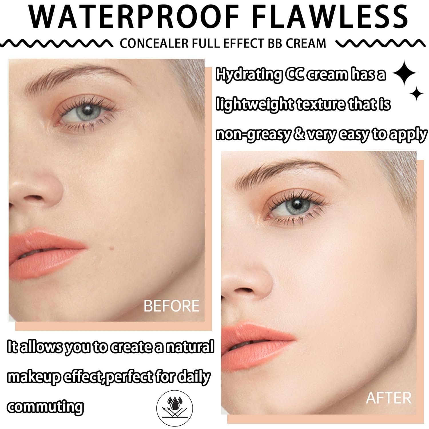 Hydrating CC Cream with SPF 50+ PA++++,Waterproof Flawless Concealer Full Coverage BB Cream for All Skin Types,Long Lasting Moisturizing Full Coverage Liquid Foundation for Men & Women（Ivory） - Image 3