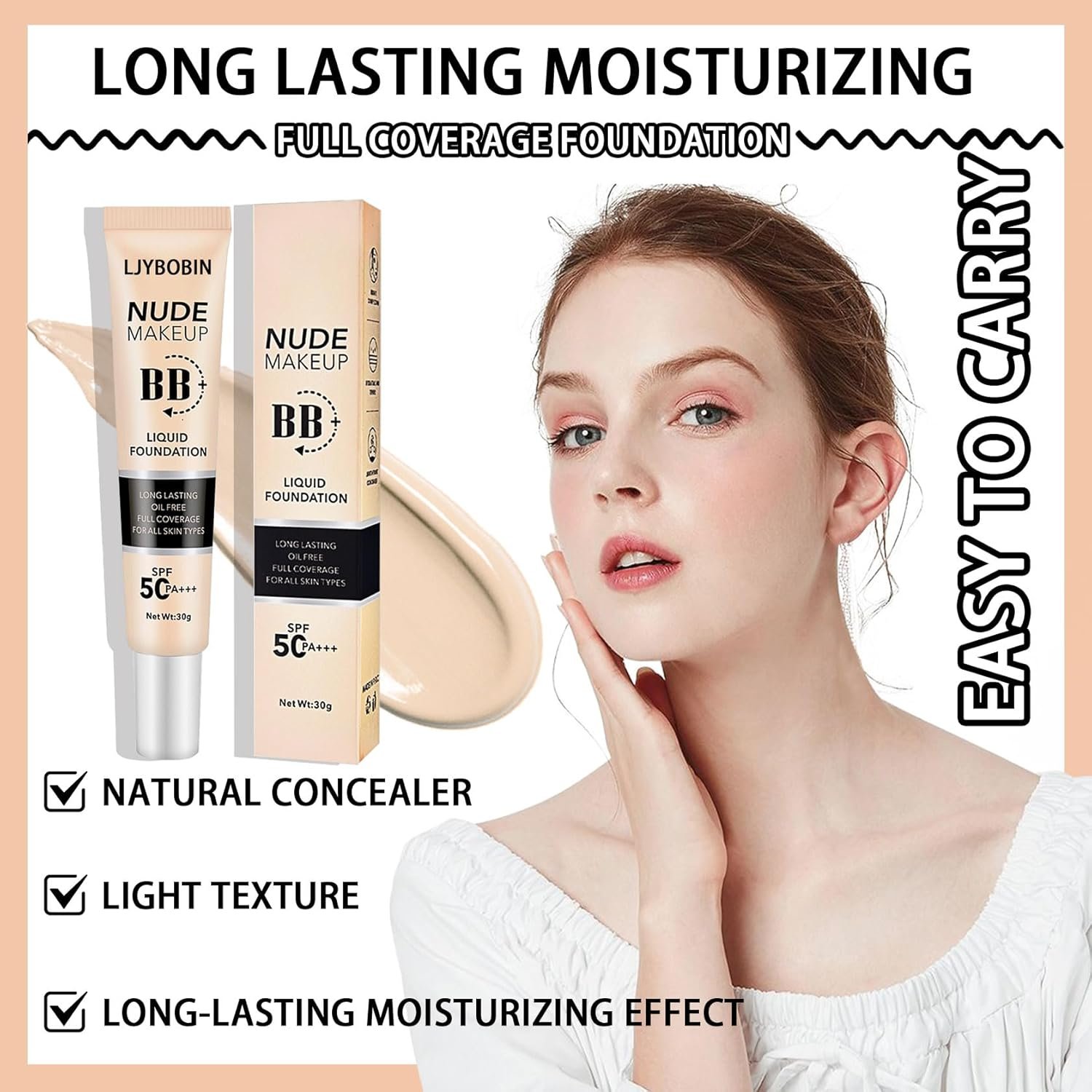 Hydrating CC Cream with SPF 50+ PA++++,Waterproof Flawless Concealer Full Coverage BB Cream for All Skin Types,Long Lasting Moisturizing Full Coverage Liquid Foundation for Men & Women（Ivory） - Image 5