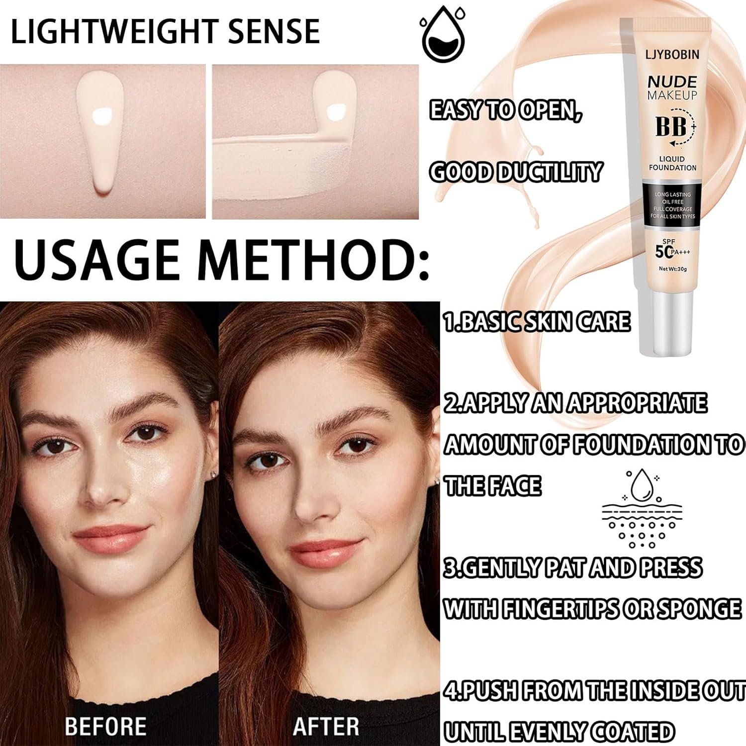 Hydrating CC Cream with SPF 50+ PA++++,Waterproof Flawless Concealer Full Coverage BB Cream for All Skin Types,Long Lasting Moisturizing Full Coverage Liquid Foundation for Men & Women（Ivory） - Image 8