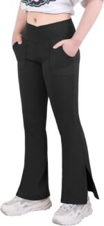 Teen Girls Bootcut Yoga Pants Kids Active Crossover Split Hem Flare Leggings with Pockets - Image 3