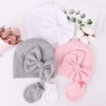BQUBO Newborn Girls Hats Baby Hat and Mittens Set Infant Caps Bow Hospital Beanie with No Scratch Mittens for Baby Boys Girls - Image 4