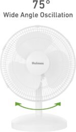 HOLMES 12" Table Fan, 75° Oscillation, 3 Speeds, 15° Adjustable Head Tilt, Ideal for Home, Bedroom or Office, White - Image 5