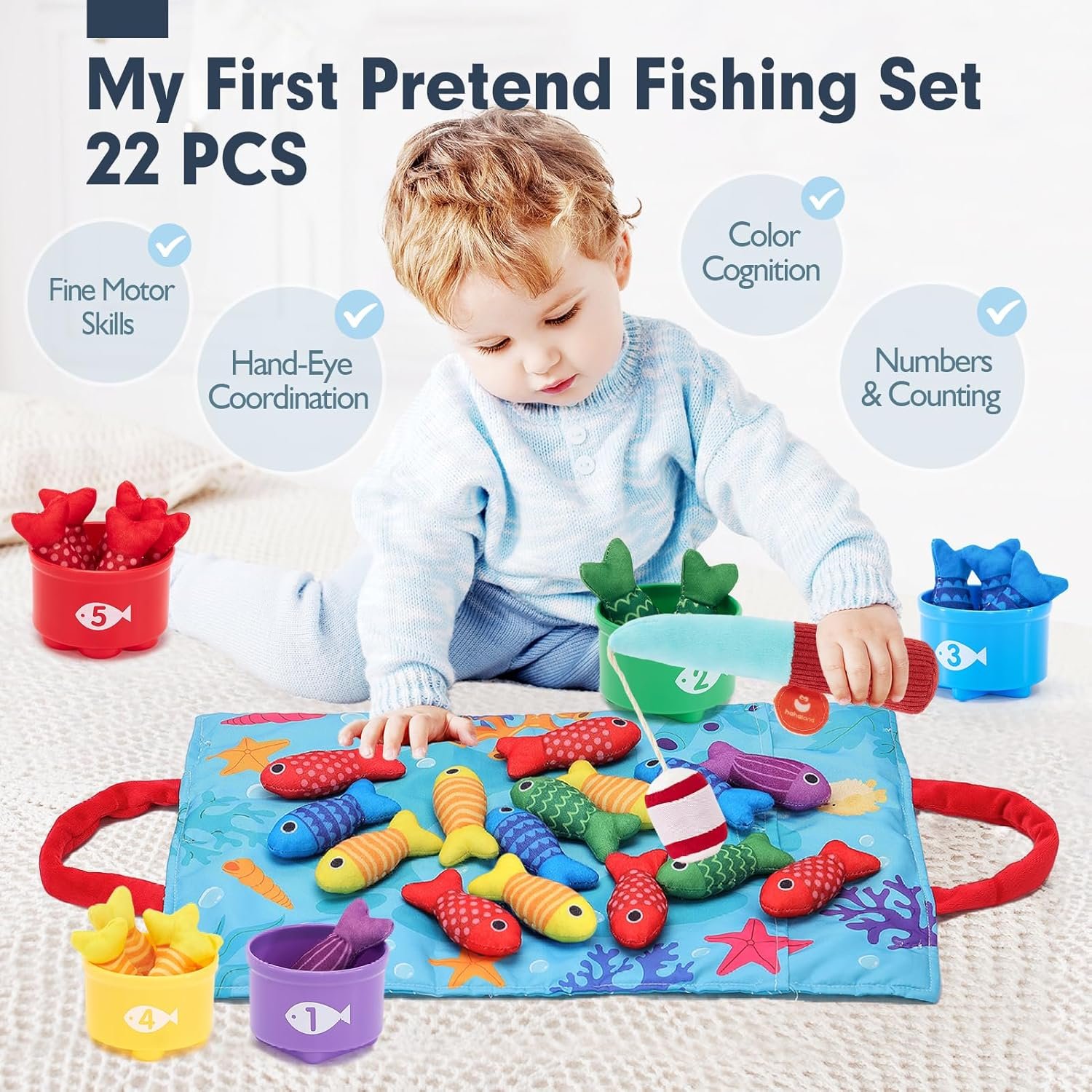 hahaland Toddler Toys Montessori Toys for 1 Year Old Boy Girl Birthday Gift - 10 in 1 Cloth Fishing Game Christmas Toddler Gifts 1-3 with Stacking Cups - Number Counting, Color Sorting Learning - Image 3
