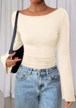 PRETTYGARDEN Women's Long Sleeve Shirts 2025 Fall Crop Going Out Tops Casual Boat Neck Bell Sleeve Ribbed Ruched Y2K Clothes - Image 4