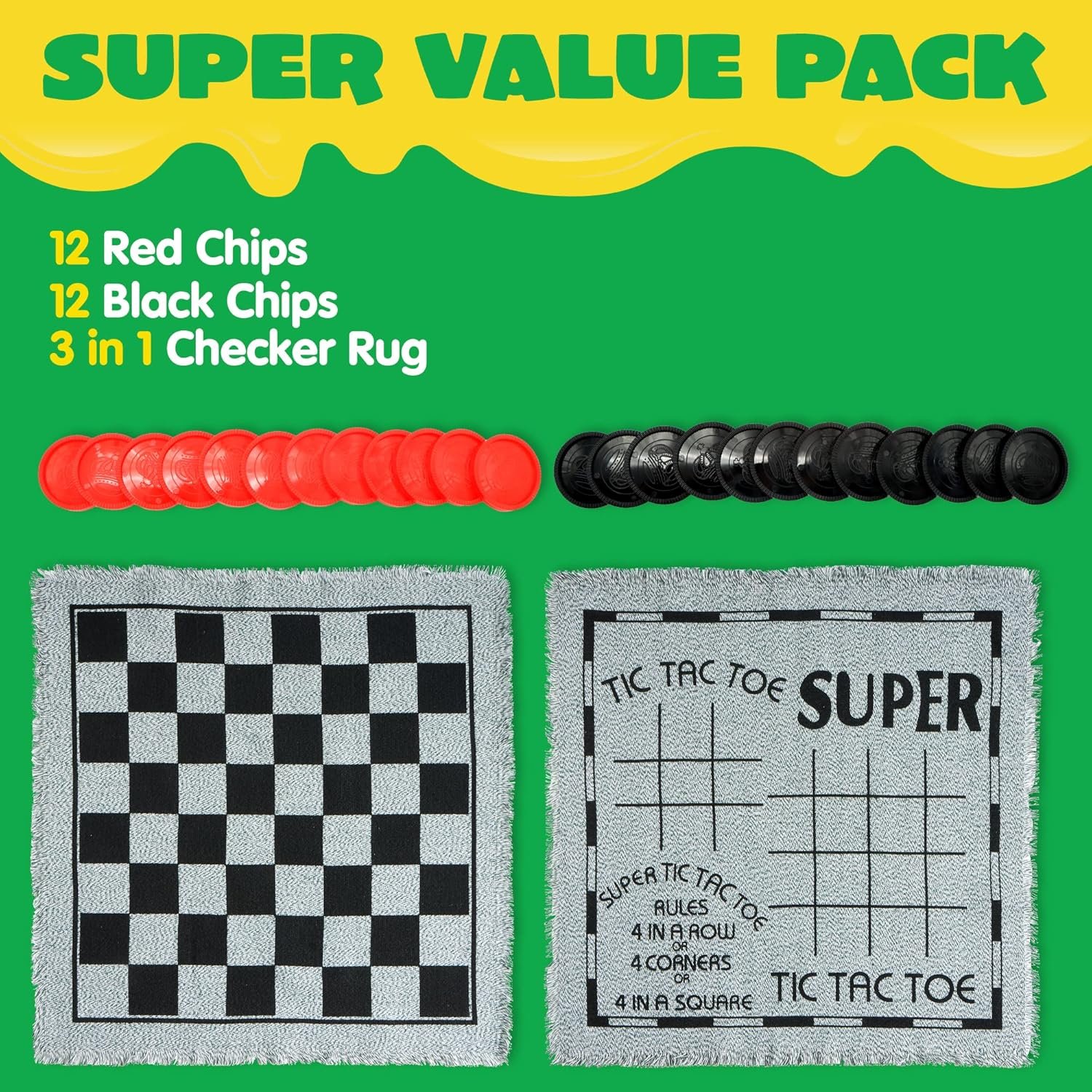 3-in-1 Vintage Giant Checkers, Tic, Tac, Toe, with Reversible Mat, 24 Chips, Family Board Game, Lawn Game, BBQ Party Favor, Indoor and Outdoor Activity for Kids and Adults - Image 3