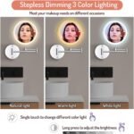 Rocollos Rechargeable Wall Mounted Lighted Makeup Mirror Chrome, 8 Inch Double-Sided LED Vanity Mirror 1X/10X Magnification,3 Color Lights Touch Screen Dimmable 360°Swivel 13 Inch Extendable - Image 4