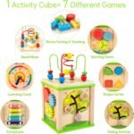 Wooden 7-in-1 Activity Cube| Montessori Toys for 1 2 3 Year Old Toddlers| Baby Educational Developmental Toys |One Year Old Boys Girls First Birthday Gifts |Bonus Sorting & Stacking Board - Image 3